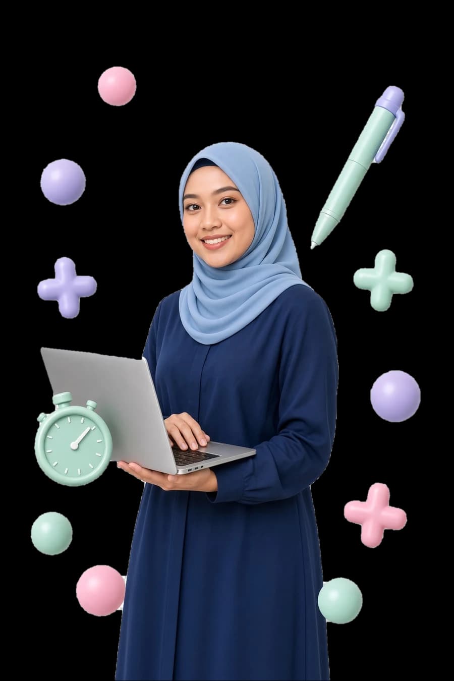 A smiling workshop front-desk officer in a blue tudung working on a laptop